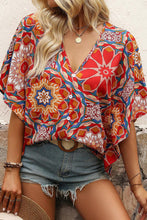 Load image into Gallery viewer, Red Floral Print Batwing Sleeve V Neck Blouse