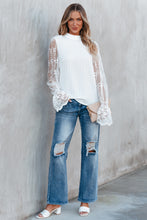 Load image into Gallery viewer, White Contrast Lace Sleeve Mock Neck Textured Blouse