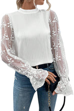 Load image into Gallery viewer, White Contrast Lace Sleeve Mock Neck Textured Blouse