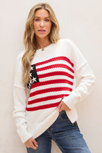 Load image into Gallery viewer, White American Flag Cable Knit Drop Shoulder Sweater