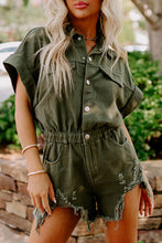Load image into Gallery viewer, Moss Green Distressed Frayed Denim Romper