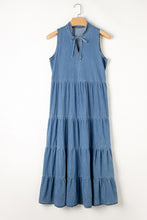 Load image into Gallery viewer, Blue Sleeveless Tiered Chambray Maxi Dress