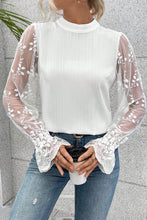 Load image into Gallery viewer, White Contrast Lace Sleeve Mock Neck Textured Blouse