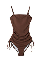 Load image into Gallery viewer, Coffee Ribbed Drawstring Sides Cutout One Piece Swimsuit