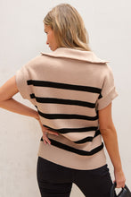 Load image into Gallery viewer, Khaki Stripe Zipped Collar Short Sleeve Sweater