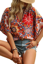 Load image into Gallery viewer, Red Floral Print Batwing Sleeve V Neck Blouse