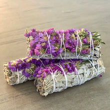 Load image into Gallery viewer, White Sage Smudge Stick with Purple Flowers