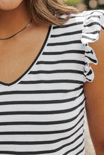 Load image into Gallery viewer, White Stripe Butterfly Sleeve V Neck Hollowed Knot Back T Shirt
