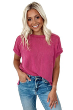 Load image into Gallery viewer, Rose Red Textured Knit Exposed Stitching T-shirt
