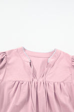 Load image into Gallery viewer, Pink Floral Embroidered Puff Sleeve Split Neck Blouse
