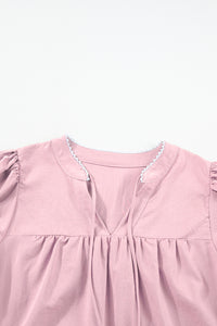 Pink Floral Embroidered Puff Sleeve Split Neck Blouse