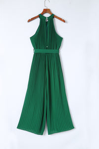 Green Open Back Pleated Jumpsuit