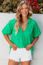 Load image into Gallery viewer, Green Flower Embroidered Hollow-out Puff Sleeve Blouse
