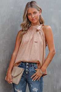 Rose Gold Tie Mock Neck Leopard Tank Top