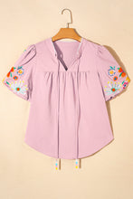 Load image into Gallery viewer, Pink Floral Embroidered Puff Sleeve Split Neck Blouse
