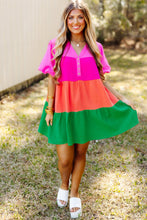 Load image into Gallery viewer, Color Block Tiered Puff Sleeve Dress
