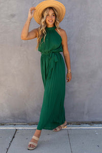 Green Open Back Pleated Jumpsuit