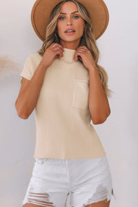 Tan Ribbed Knit Short Sleeve Sweater