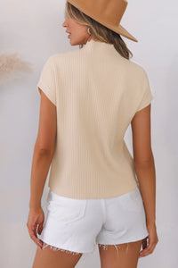 Tan Ribbed Knit Short Sleeve Sweater