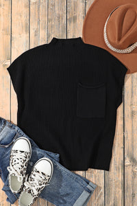 Black Ribbed Knit Short Sleeve Sweater