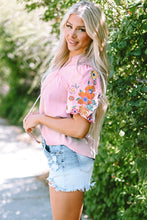 Load image into Gallery viewer, Pink Floral Embroidered Puff Sleeve Split Neck Blouse
