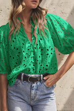 Load image into Gallery viewer, Green Flower Embroidered Hollow-out Puff Sleeve Blouse
