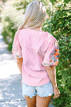 Load image into Gallery viewer, Pink Floral Embroidered Puff Sleeve Split Neck Blouse
