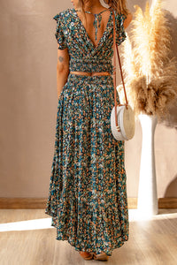 Green Floral Crop Top and Maxi Skirt Set