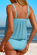 Load image into Gallery viewer, Turquoise Striped Mesh Knotted Hem Tankini Swimsuit
