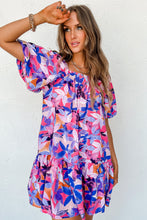 Load image into Gallery viewer, Purple Flower Print Short Puff Sleeve Ruffled Dress
