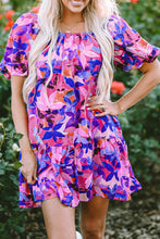 Load image into Gallery viewer, Purple Flower Print Short Puff Sleeve Ruffled Dress
