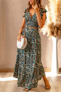 Green Floral Crop Top and Maxi Skirt Set