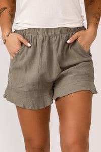 Khaki High Waist Pocketed Ruffle Shorts