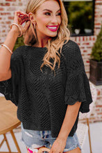 Load image into Gallery viewer, Black Pointelle Knit Scallop Edge Short Sleeve Top
