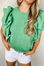 Load image into Gallery viewer, Green Ribbed Knit Puffy Ruffle Sleeve Blouse
