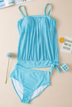 Load image into Gallery viewer, Turquoise Striped Mesh Knotted Hem Tankini Swimsuit
