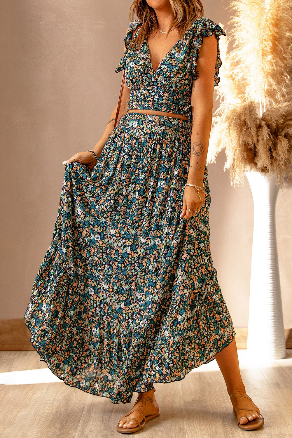 Green Floral Crop Top and Maxi Skirt Set