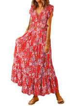 Load image into Gallery viewer, Red Floral Ruffled Crop Top and Maxi Skirt Set
