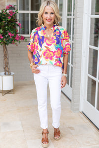 Floral Fantasy Bubble Sleeve Blouse