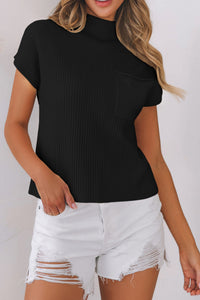 Black Ribbed Knit Short Sleeve Sweater