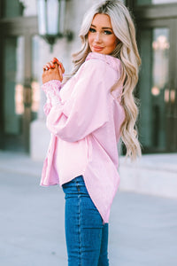 Pink Boyfriend Shirt with Pockets and Ruched Cuffs