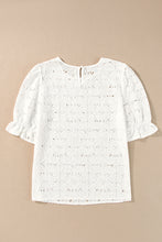 Load image into Gallery viewer, White Flower Eyelet Jacquard Keyhole Flounce Sleeve Top
