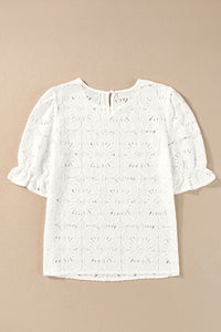 White Flower Eyelet Jacquard Keyhole Flounce Sleeve Top