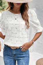 Load image into Gallery viewer, White Flower Eyelet Jacquard Keyhole Flounce Sleeve Top
