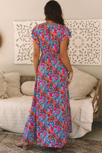 Load image into Gallery viewer, Blue Floral Print V Neck Wrap Split Maxi Dress
