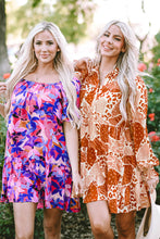 Load image into Gallery viewer, Purple Flower Print Short Puff Sleeve Ruffled Dress
