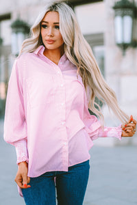 Pink Boyfriend Shirt with Pockets and Ruched Cuffs