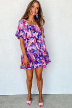 Load image into Gallery viewer, Purple Flower Print Short Puff Sleeve Ruffled Dress
