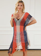 Load image into Gallery viewer, Multicolor Striped Tassel Crochet V Neck Beach Cover Up
