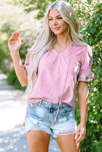 Load image into Gallery viewer, Pink Floral Embroidered Puff Sleeve Split Neck Blouse

